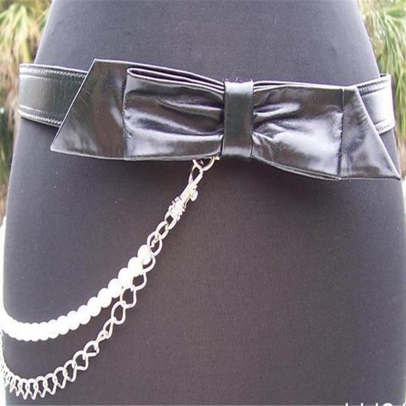 Cache Black Leather Removable Pearls Bow Belt Adjustable $98 Top NWT S/M New - Picture 2 of 3